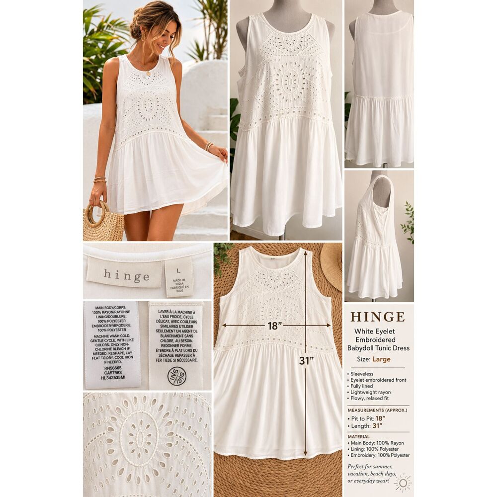 Hinge White Eyelet Embroidered Babydoll Tunic Dress Size L Sleeveless Boho Rayon